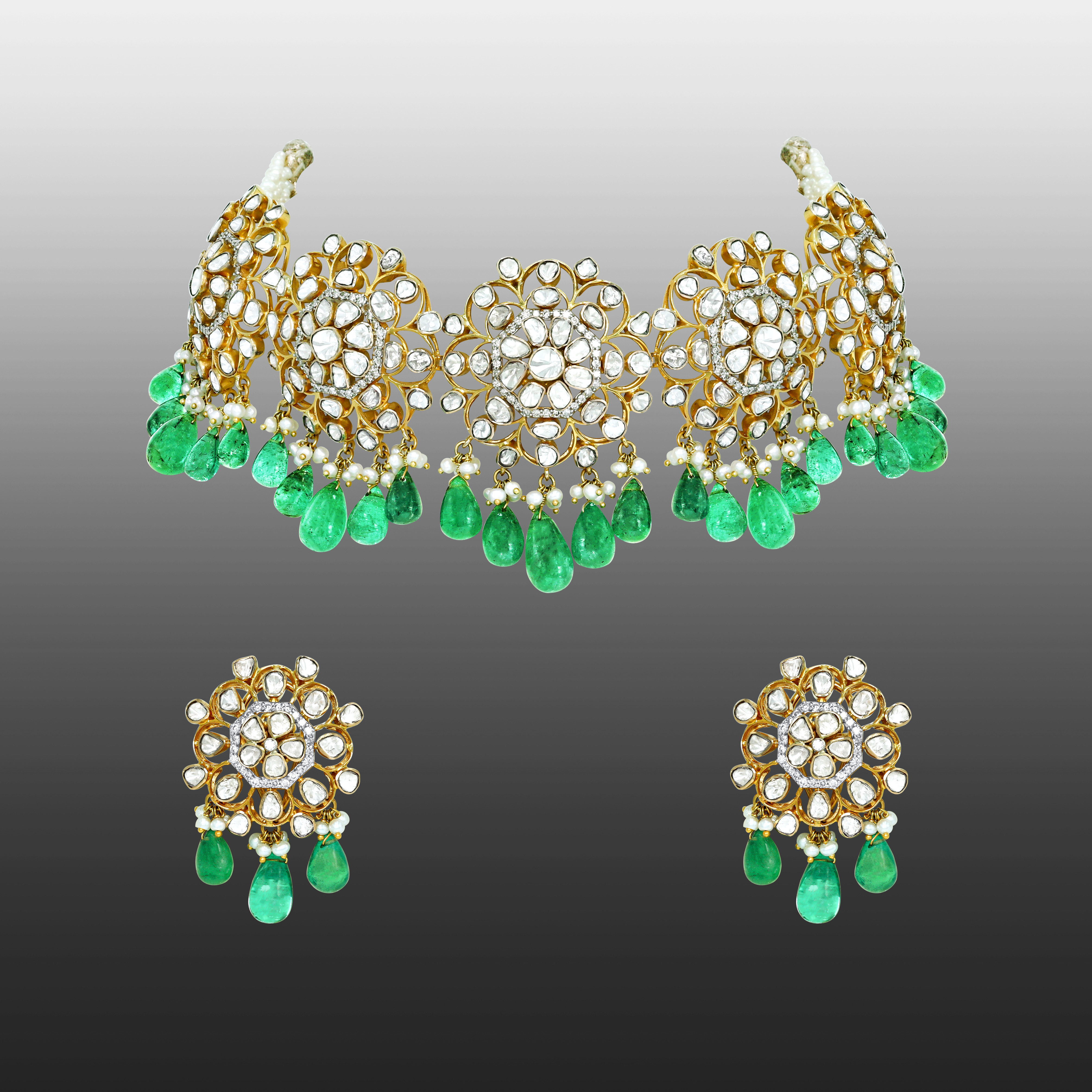 Polki Choker Set with Emerald Drops and Floral Motifs